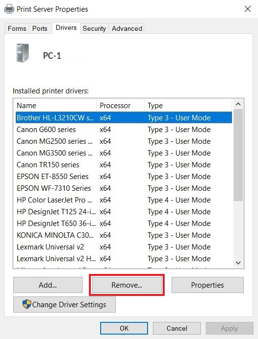 print server properties remove driver