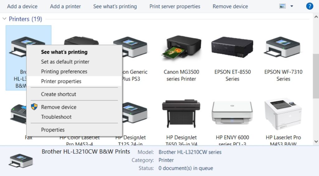 printer properties